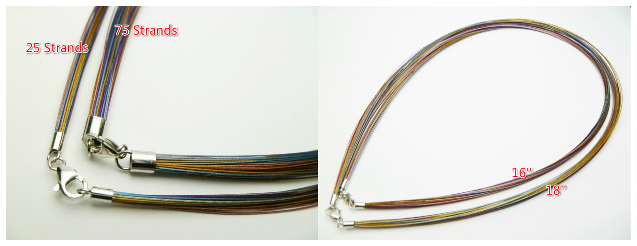 16"- 25 Strands Multi Color Stainless Steel Cable w/ 925 Sliver